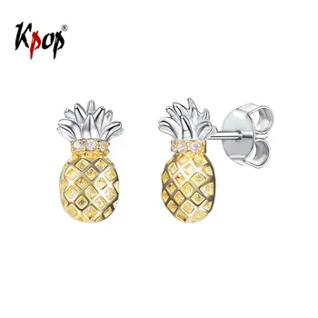 

Kpop Pineapple Earrings Summer Jewelry 925 Sterling Silver Gold Color Cubic Zirconia Pineapple Dainty Ear Studs for Women E6244