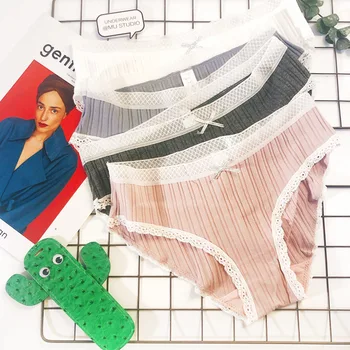 

Hanguofeng thread lace edge cute sexy bow pure cotton solid color mid-waist movement lady triangle underwear