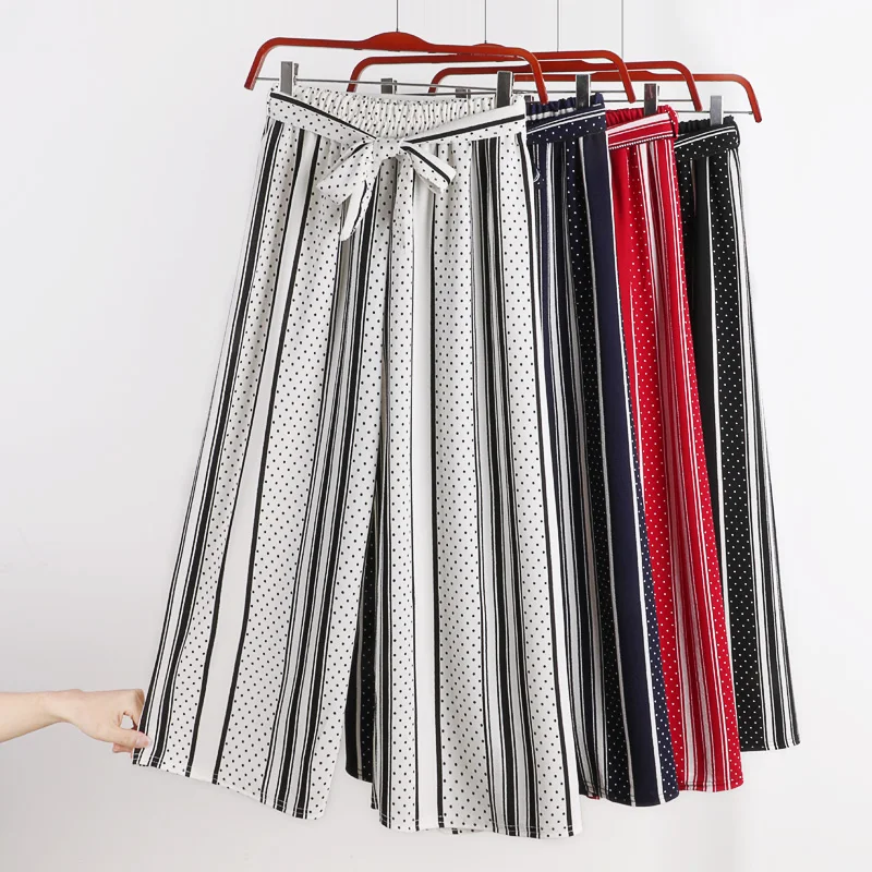 

9 Colors S-2XL Elastic High Waist Slim Striped Wide Leg Pants Korean Loose Polka Dots Casual Ankle Length Pants for Women