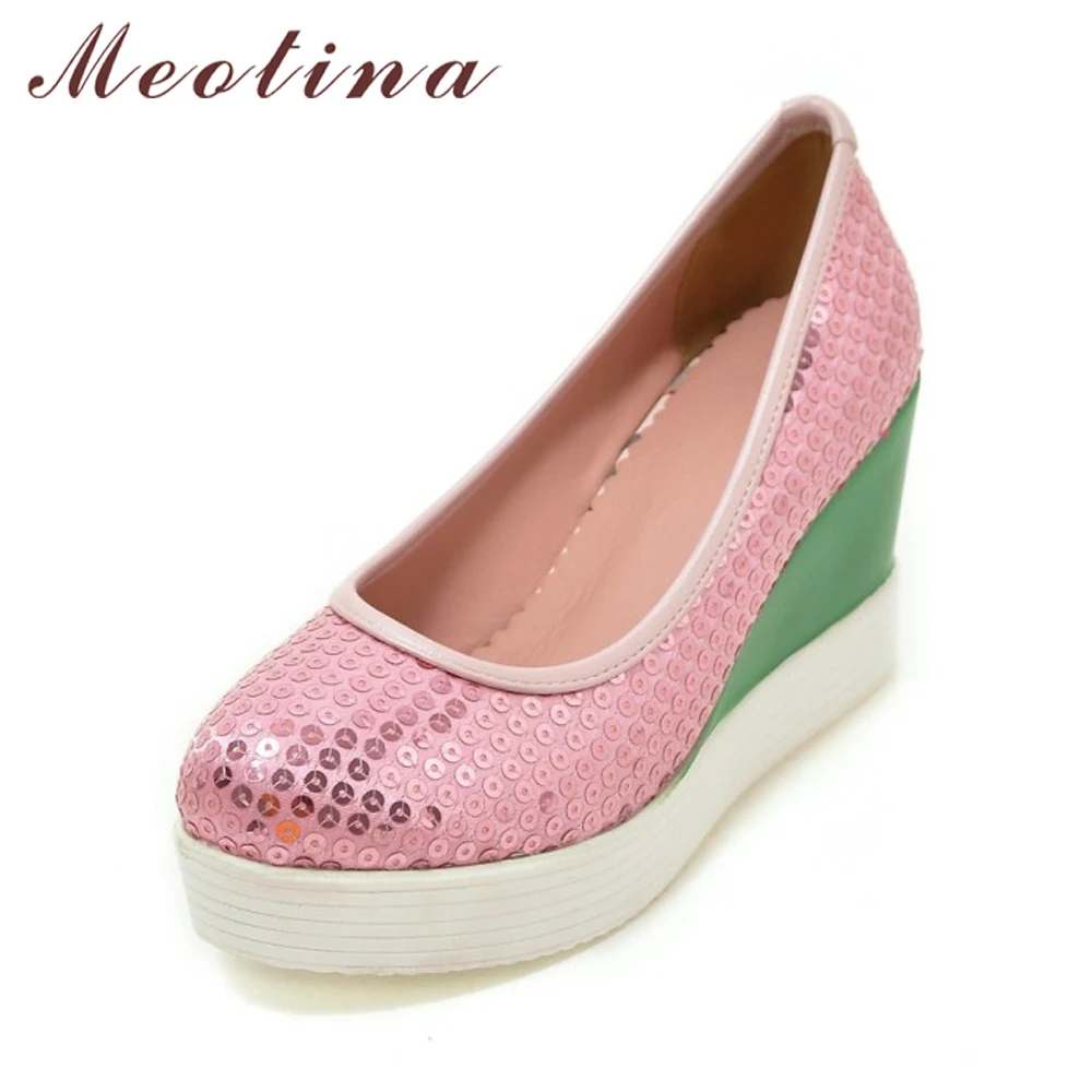 Meotina Women Pumps Platform Wedges High Heels Sequined Shoes Bling Wedge Heels Spring Glitter 