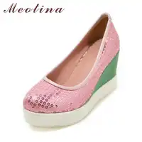 Meotina Women Pumps Platform Wedges High Heels Sequined Shoes Bling Wedge Heels Spring Glitter Party Shoes Blue Pink Big Size 43