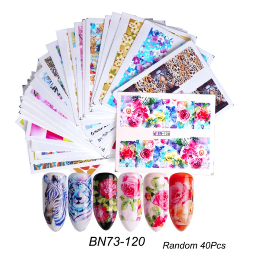 Набор стикеров для ногтей Bittb 40 шт., переводная наклейка с цветами и водой для дизайна ногтей, фольга для маникюра, наклейки для украшения своими руками