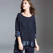 Плиссированные Женские топы, Европейский стиль, высокое качество, большой размер, сплошной цвет, круглый вырез, семь точек, рукава, тофу, плиссированная Мода, T-shir