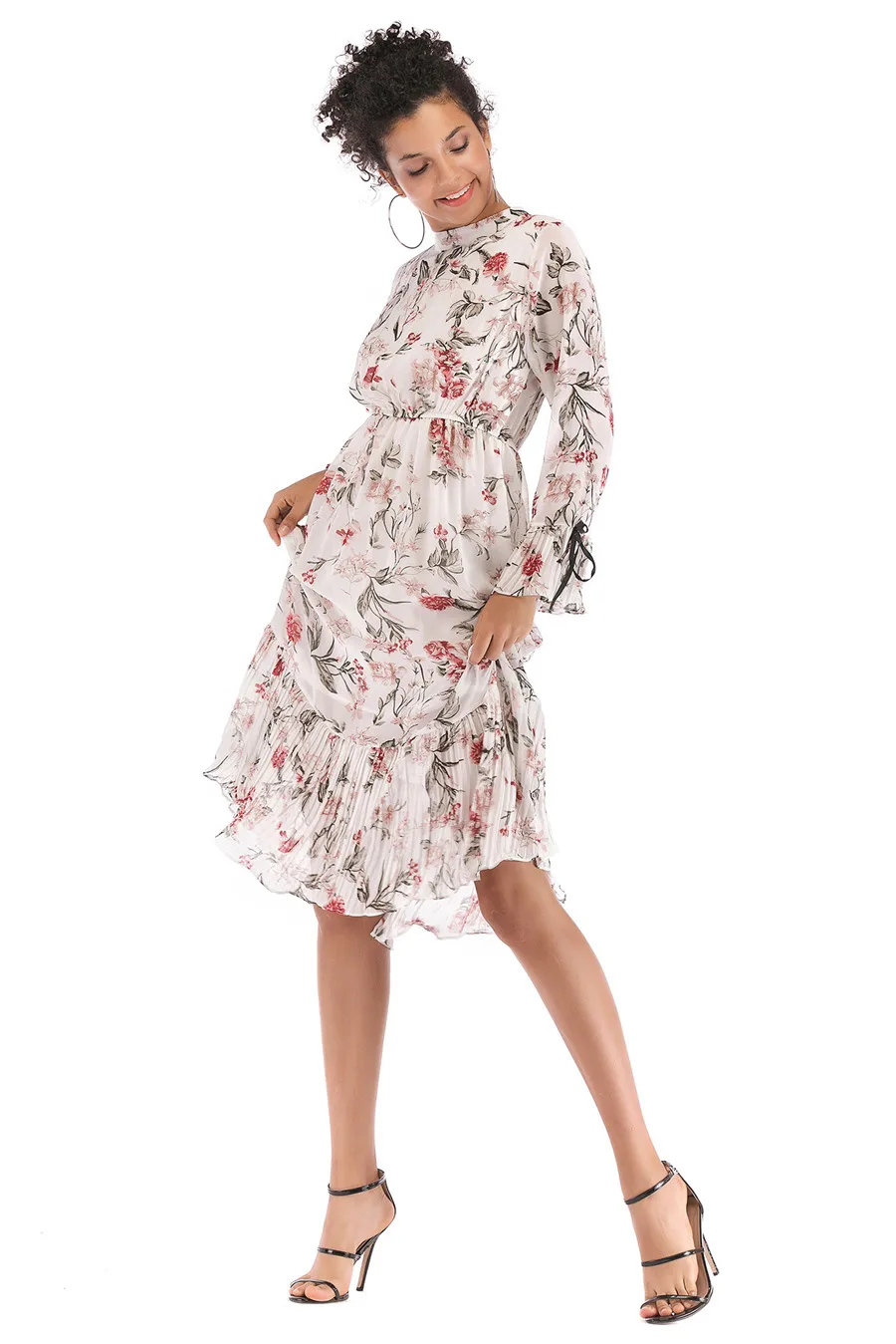 Gladiolus Floral Print Spring Autumn Women Dress 2019 O-Neck Lace Up Flare Sleeve Tunic Chiffon Dress Women Midi Party Dresses (24)