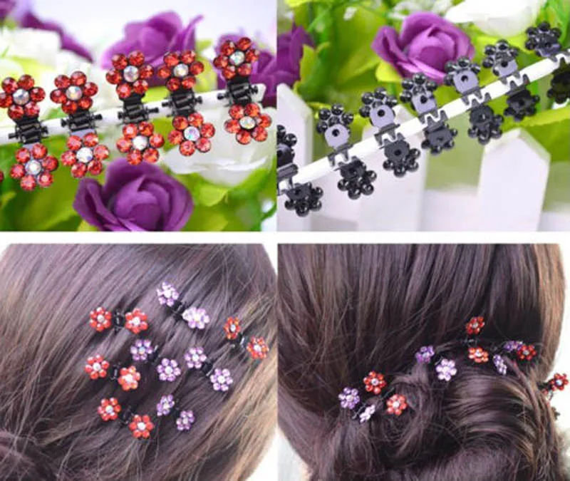 6pcs/ Lots Girls Sweet Crystal Rhinestone Flower Mini Hair Claws Clips