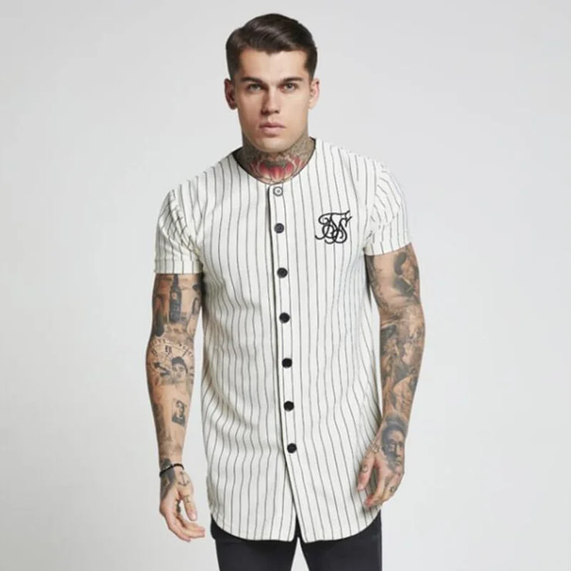 Модная Летняя мужская уличная одежда-, футболки в стиле хип-хоп, шелковые бейсбольные футболки в полоску с вышивкой, Мужская брендовая одежда