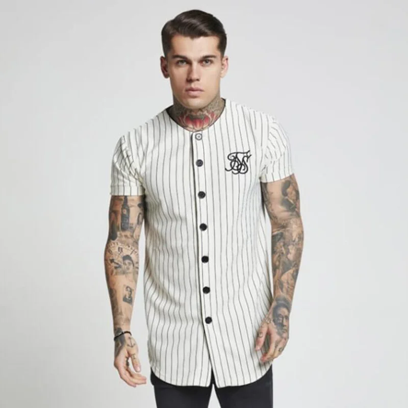En Ligne Mode été 2018 2019 hommes Streetwear Hip Hop T shirts Sik soie brodé Baseball Jersey rayé chemise hommes marque vêtements