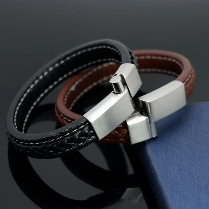 VEROMCA Punk Jewelry Purple Green Genuine Braided Leather Bracelet Stainless Steel Magnetic Clasp Double Leather Bracelets (14)