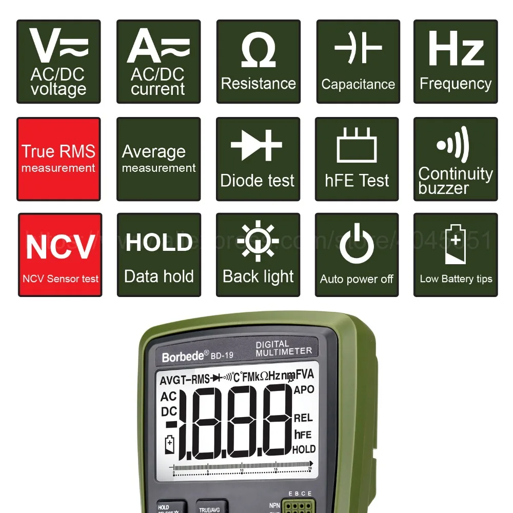 Borbede BD-19 Цифровой мультиметр ЖК-дисплей DC AC Напряжение Ток Сопротивление Емкость NCV True RMS диод тестер 2000 отсчетов