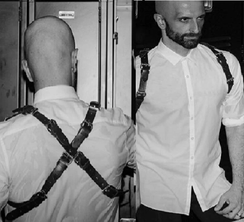 

Black Punk Men's Faux Leather Body Belt Harness Gothic Bondage Belt Chest Adjustable Cross Back Should Straps With Buckle