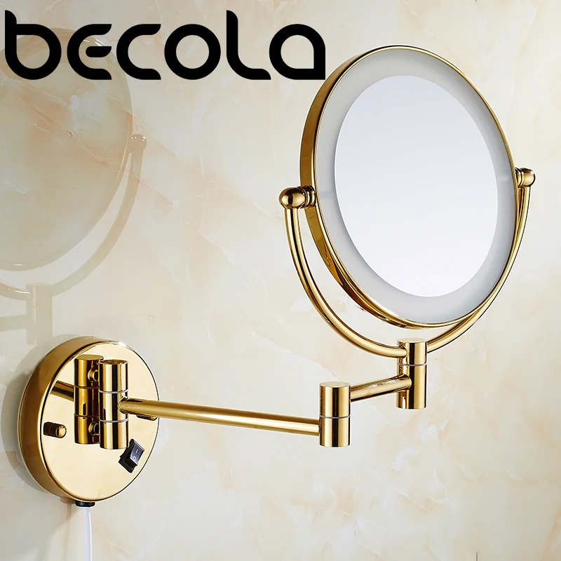 Хромированное/Золотое зеркало для макияжа с подсветкой для ванной комнаты со светодиодными огнями и креплением на стену, косметические поворотные складные зеркала из латуни