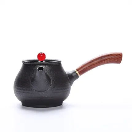 

Japanese style Kung Fu tea set Pu'er Teapot Stone pottery side pot wooden handle Teapot antique black pottery single pot