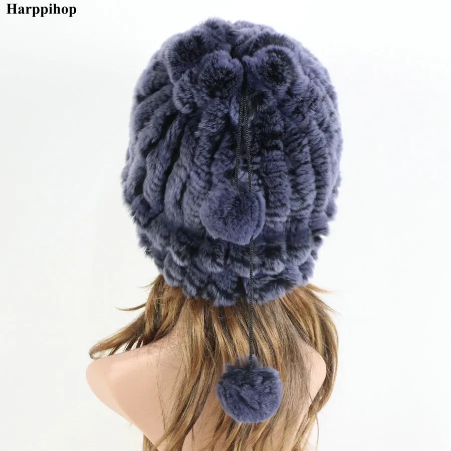 Зимняя меховая шапка s шапки бини для женщин прошитые полосы настоящий мех кролика шапка шарф женский мягкий теплый натуральный мех шапочки для дам - Цвет: dark blue