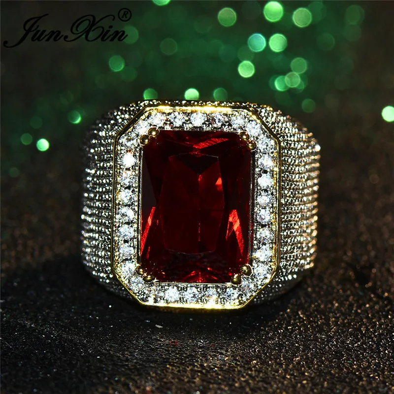 JUNXIN Boho Square Red Stone Big Rings For Men Women Yellow Gold Filled Large Zircon Crystal Engagement Wedding Ring Male Female