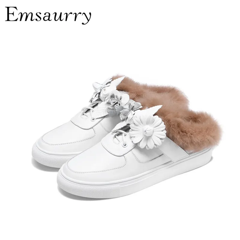 

Luxury Fur Casual Shoes New Autumn Winter Slingbacks Flats Carved Sunflower Shoes Woman Zapatos Mujer