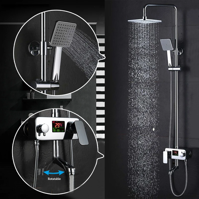 

Chrome Digital Shower Faucet Single Handle Bath Shower Faucet System Anti Ironing Temperature Display Shower Mixer Swivel Spout