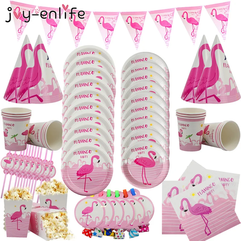 

2019 Disposable Party Tableware Set Flamingo Decor Paper Cups Popcorn Box Hat Summer Pool Party Hawaiian Party Decorations