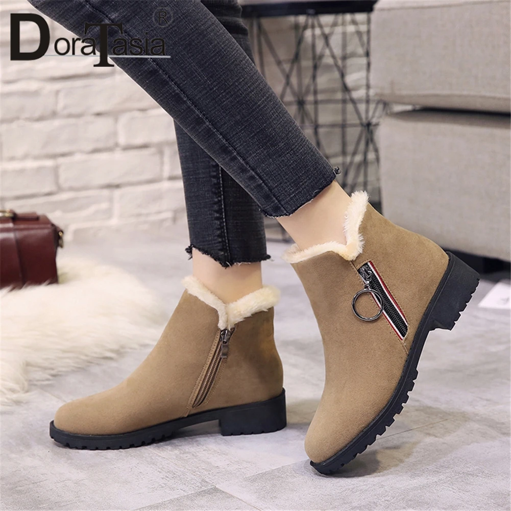 

DORATASIA 2018 New Snow Boots Wide Low Heels Zip Non-slip Solid Shoes Woman Casual Winter Warm Fur Ankle Boots Big Szie 35-40