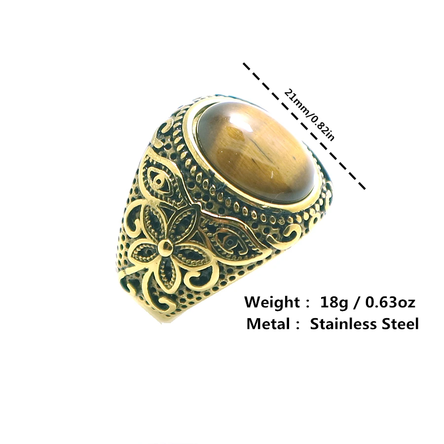 

Mens Boys 316L Stainless Steel Cool Punk Gothic Stone Flower Vintage Golden Ring