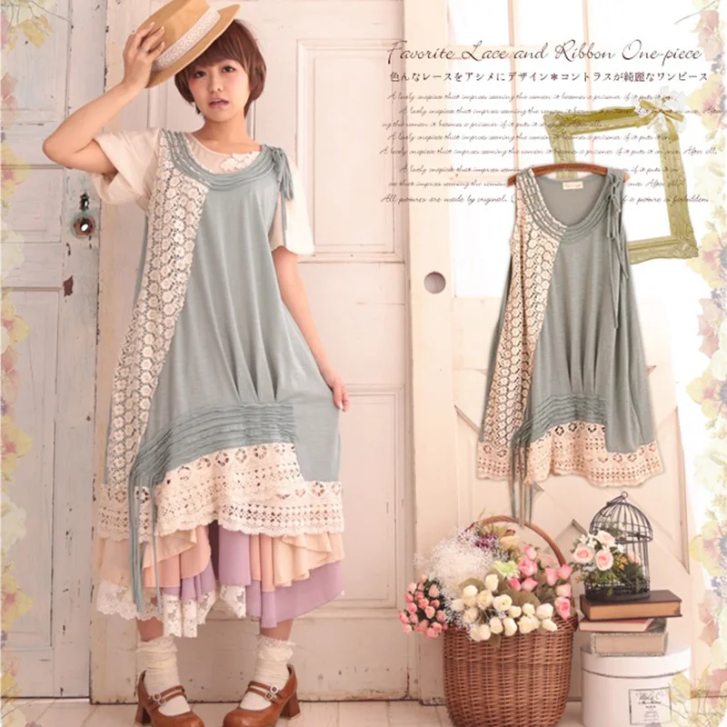 

Harajuku Summer Mori Girl Patchwork Dress Women Round Neck Sleeveless Lace Lovely Cotton Linen Female Kawaii Tank Dress A212