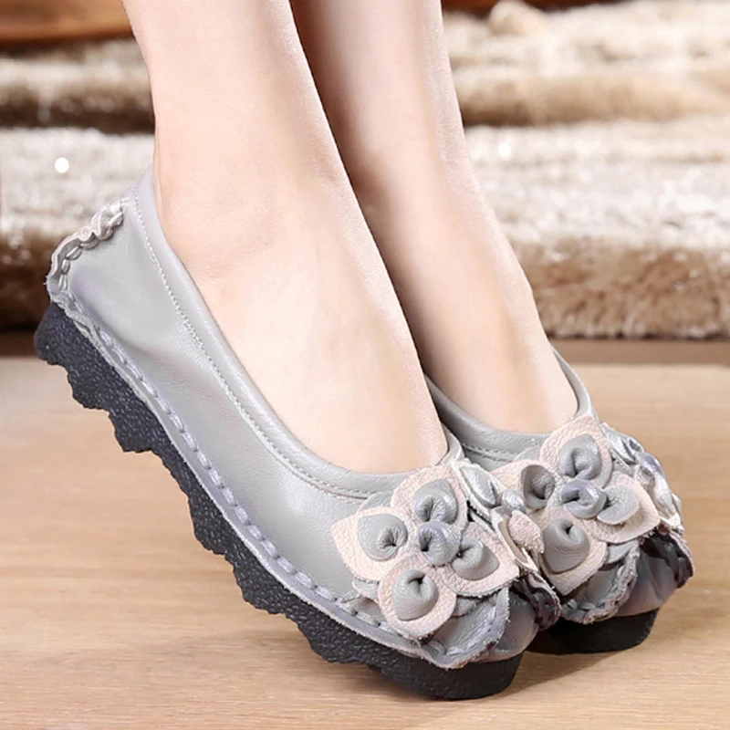 

women 2017 spring autumn genuine leather flat heel slip on boat shoes femal moccasins flower loafers big plus 41 10 size 0098