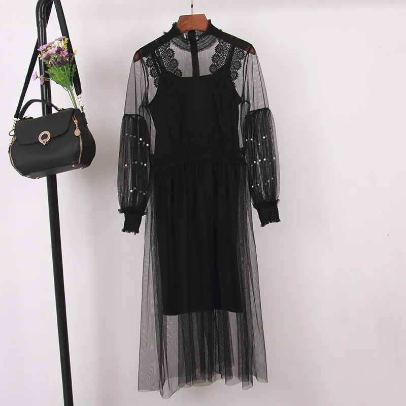 2019 New Summer Dress For Women Fashion O-Neck Long Sleeve Mesh Dresses Korean Style Casual Beading Midi Party Dress 2019 New Summer Dress For Women Fashion O-Neck Long Sleeve Mesh Dresses Korean Style Casual Beading Midi Party Dress