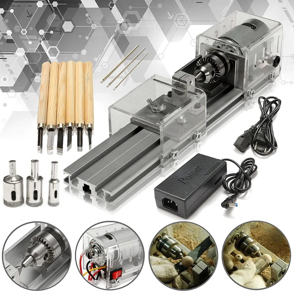 

ALLSOME Mini Lathe Table Saw Polisher Cutting Machine Wood Working DIY Lathe Set with DC 24V Power Adapter HT1729