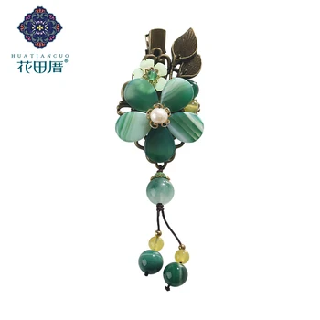 

Vintage Hair Clip Ethnic Green Stone Jad e Flower Stone Petals Pins for Hair Simple Decoration for Hair Jewelry FJ-18090