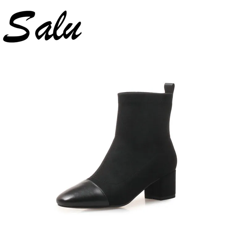 

Salu Top Quality Boots Women Square Heels Round Toe Slip-on Autumn Winter Ladies Suede Leather Shoes Woman Female Elegant Office