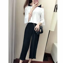 Women Sets Temperament Chiffon Ruffles Sleeves Cold Shoulder Color Block Top And Ankle-Length Wide Leg Pants Two Piece Set