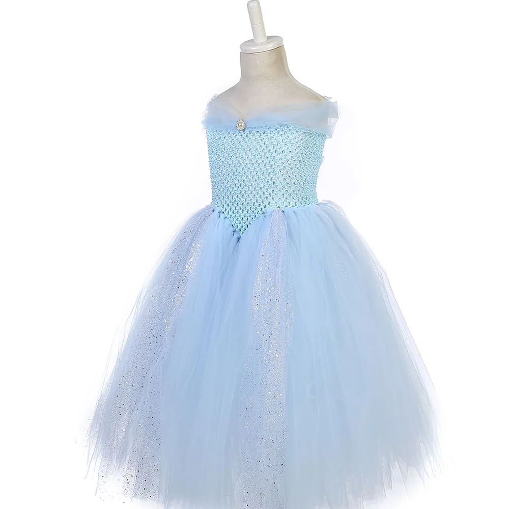 Light Blue Princess Belle Beauty and the Beast Dress Girls V-neck Ankle Length Party Dress Tutu Sparkle Ployester Mesh Ball Gown (2)