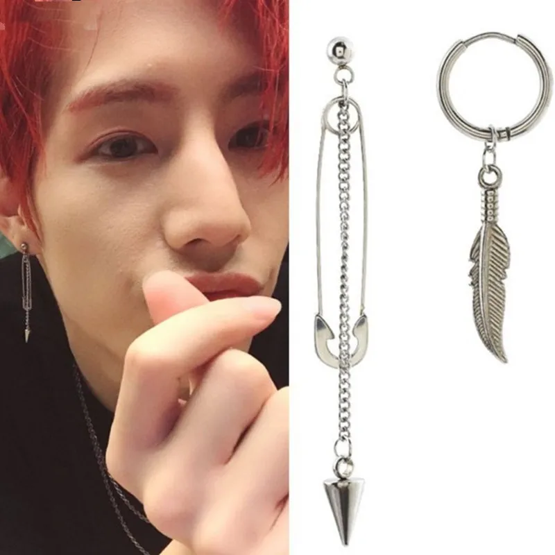 

1 pair 2019 new Stainless Steel Safety wing Pin Geometry Chain Earrings Irregular Earrings For Fashion Women and men Jewelry