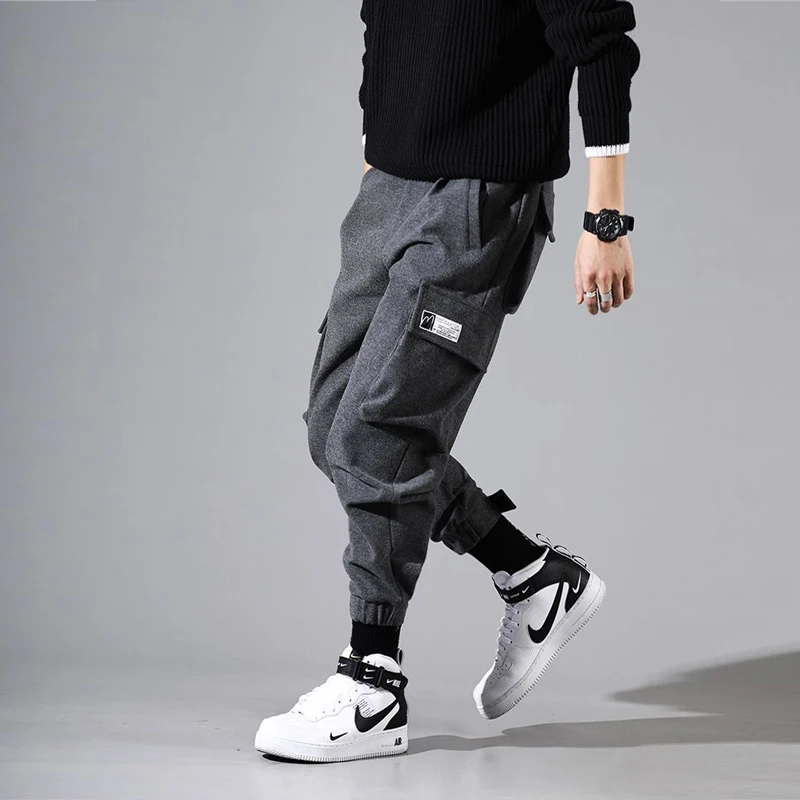Модные уличные брюки для бега, мужские свободные брюки, Осень-зима, флисовые брюки карго, штаны-шаровары, черные брюки в стиле хип-хоп