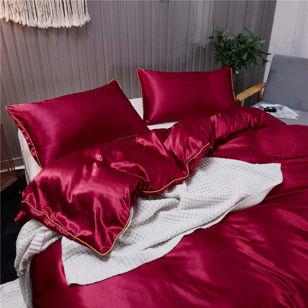 

Wine red silky silk bride wedding bed supplies rope design duvet cover set of 3 (1 duvet cover, 2 pillowcases)