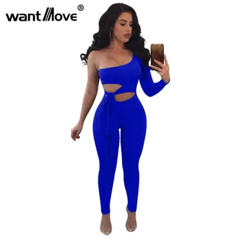 

Wantmove women one shoulder bow tie cut out one pieces jumpsuit 2018 autum casual sleeveless bodysuit full female romper JZ327