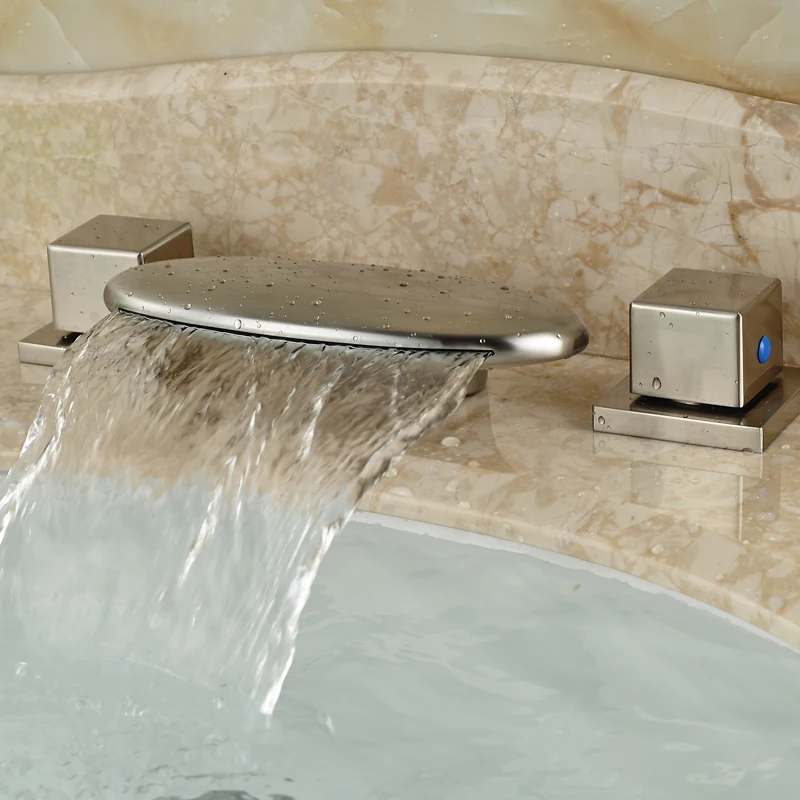 Nickel Brushed Waterfall Spout Widespread Basin Faucet Dual Handle Bathroom Tub Sink Mixer Taps
