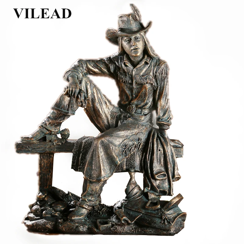 

VILEAD 12'' Resin American Cowboy Statue Vintage Cowboy Sitting on Bench Figurine Creative Home Decor Modern Decoration Gift