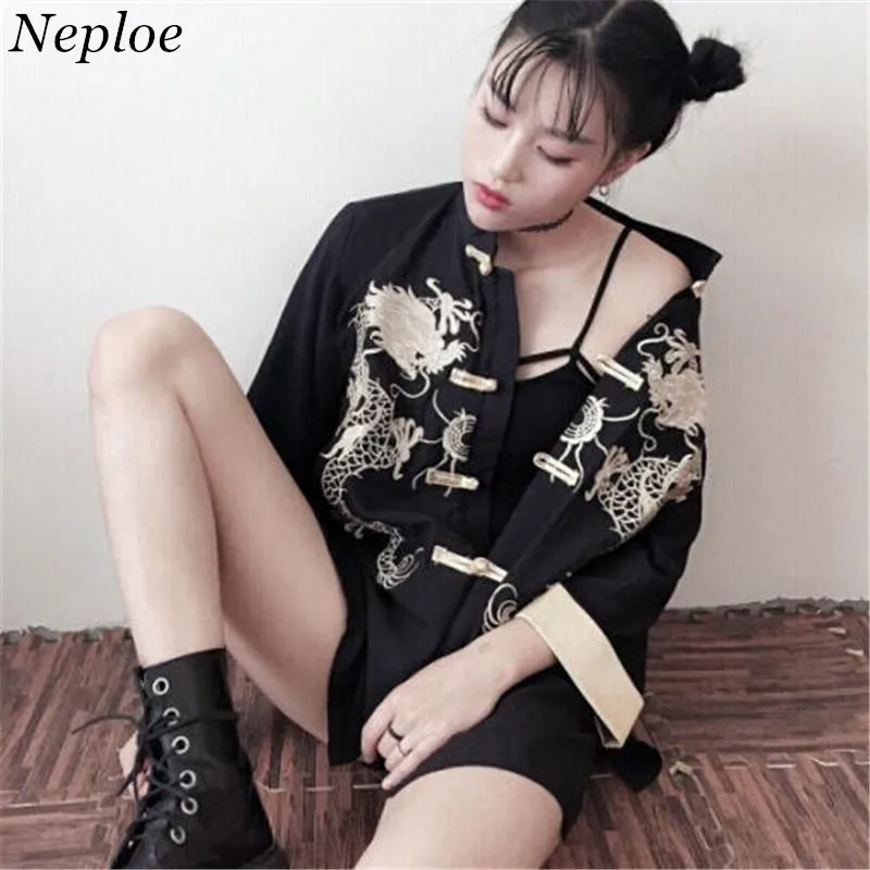 

Neploe Chinese Style Blouse Retro Handsome Dragon Embroidery Shirt Loose Three Quarter Linen Blusa Women Stand Collar Tops 33499