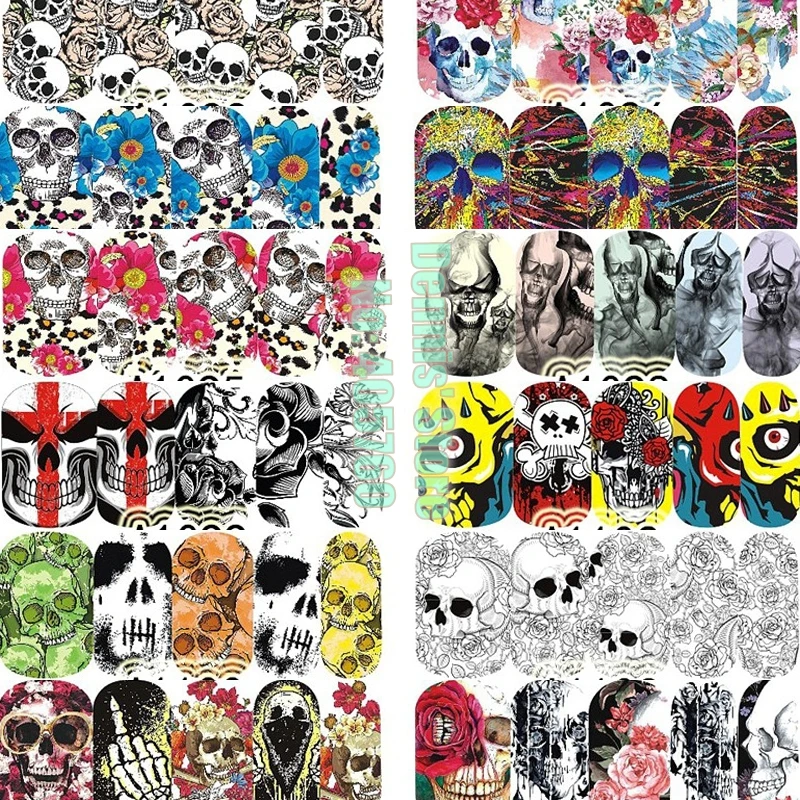 

12 Sheets Fashion Uniqu Punk Skull Designs Nail Art Water Transfer Stickers Decal A1093-1104#