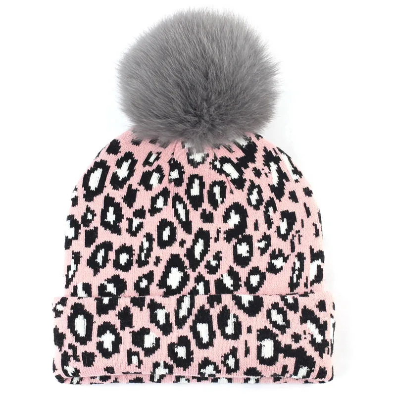 Geebro, Женская леопардовая шапочка, шапка с помпоном из меха лисы, зимние теплые леопардовые громоздкие шапочки с помпоном из натурального меха, Femme Skullies - Цвет: Pink Grey