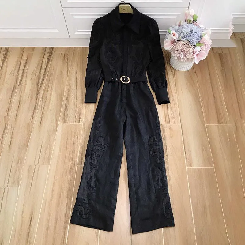 Runway Suit Women's Flare Sleeve Bow Collar embroidery Two Piece Set Top And Pants 2 Piece Set Women Blouses Casual Pants (1)