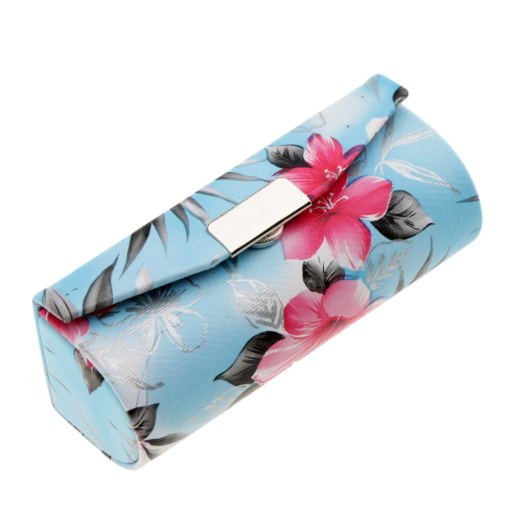 Leather Lipstick Case Holder With Mirror,Chinese Traditional Flower Design Makeup Jewelry Holder Box Lip Balm Carry Case Travel