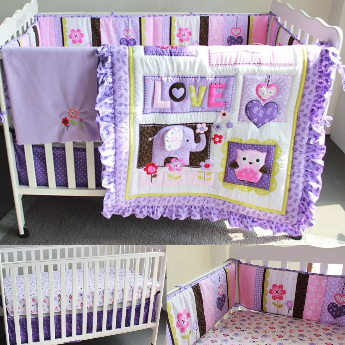 

8 Pcs/set Baby Bedding Set Purple Elephant Crib Cot Quilt Bumper Sheet Dust Ruffle Cotton Polyester Bumper Pads Sheets