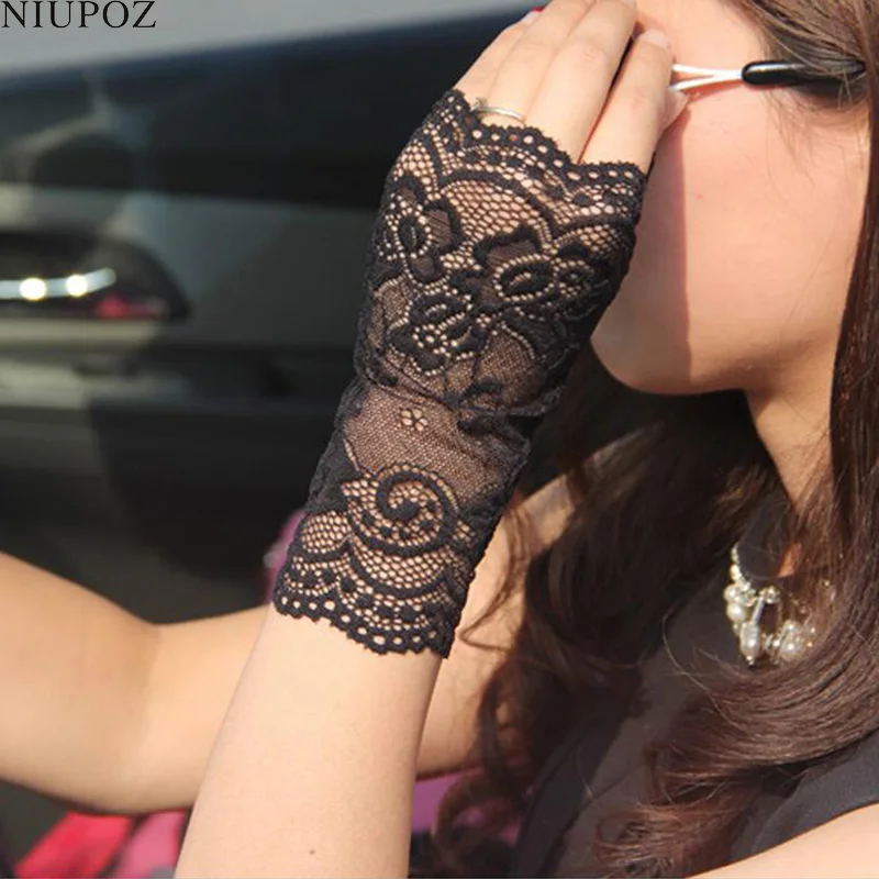 Модные, пикантные летние женская половина палец солнцезащитный крем короткие кружевные перчатки Для женщин для вождения розы узор