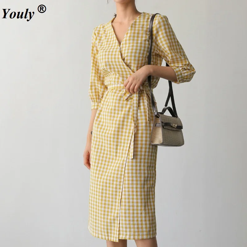 

Plaid Casual Vintage Dresses Cotton Vestidos 2019 Boho Beach Summer Dress Elegant half sleeve Plaid slim Drawstring Party Dress
