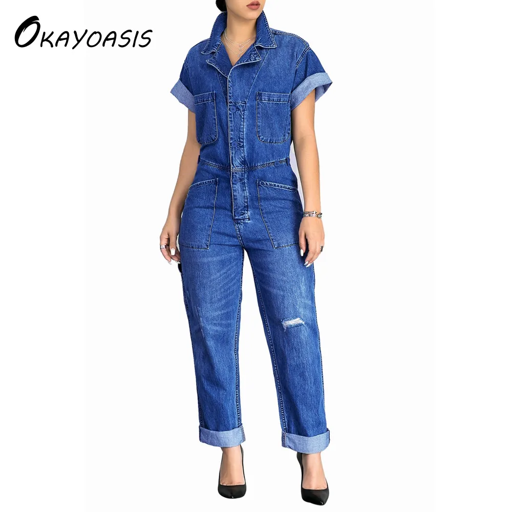 OKAYOASIS Free Shipping Women Leisure Loose Denim Jumpsuits Overalls