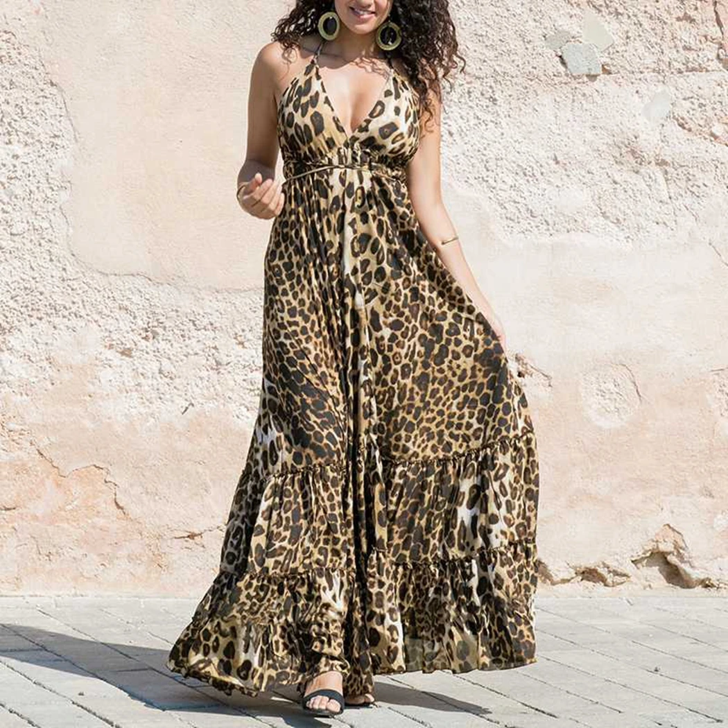 Sexy Leopard Backless Halter Dress Women New Party Club V-Neck Dresses Summer Spaghetti Strap Sleeveless Ruffle Long | Женская одежда