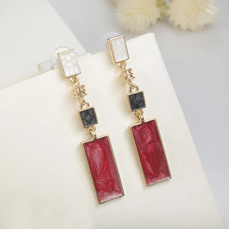 Korean Style Simple Design Earrings For Women Girls Red Stone Dangle Earrings Geometric Earrings Trendy Temperament Pendientes