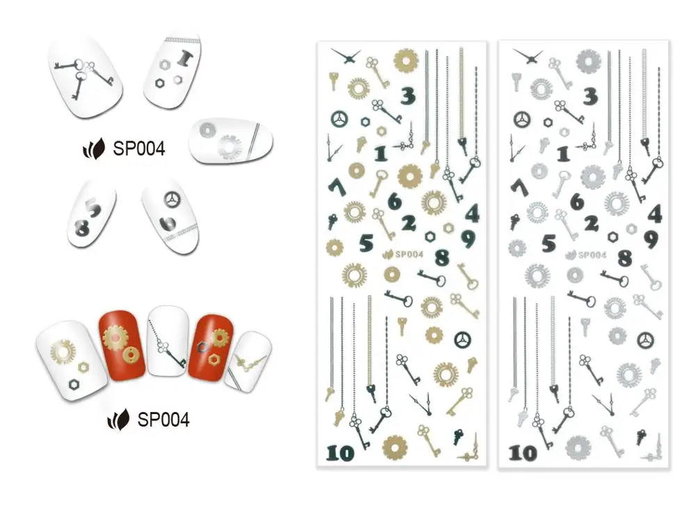 2 шт./партия самоклеящаяся 3D наклейка для ногтей металлическая Металлическая черная Золотая серебряное колесо гаечный ключ Алмазный раковины сладкое сердце SP01-12 - Цвет: SP004 GOLD SILVER