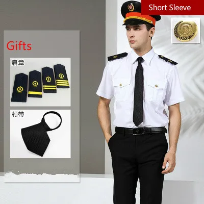 Новая железнодорожная форма мужской костюм Деловые комбинезоны рубашки полета плюс размер белая приталенная рубашка с длинными рукавами Светоотражающая одежда - Цвет: Short Golden Button